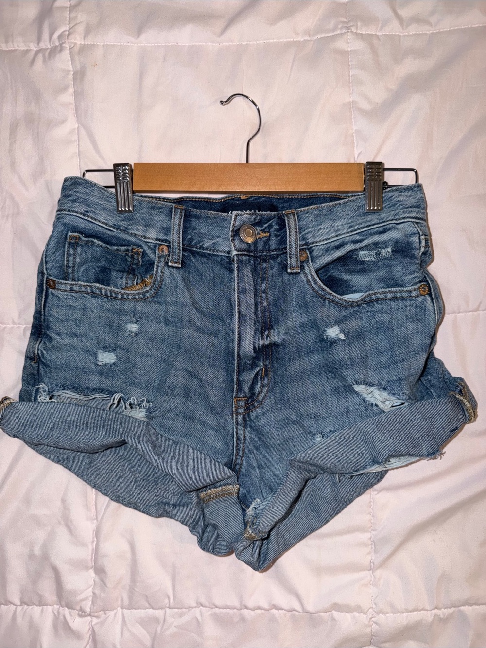 Aeropostale Light Blue Distressed Rolled Hem Jean Shorts